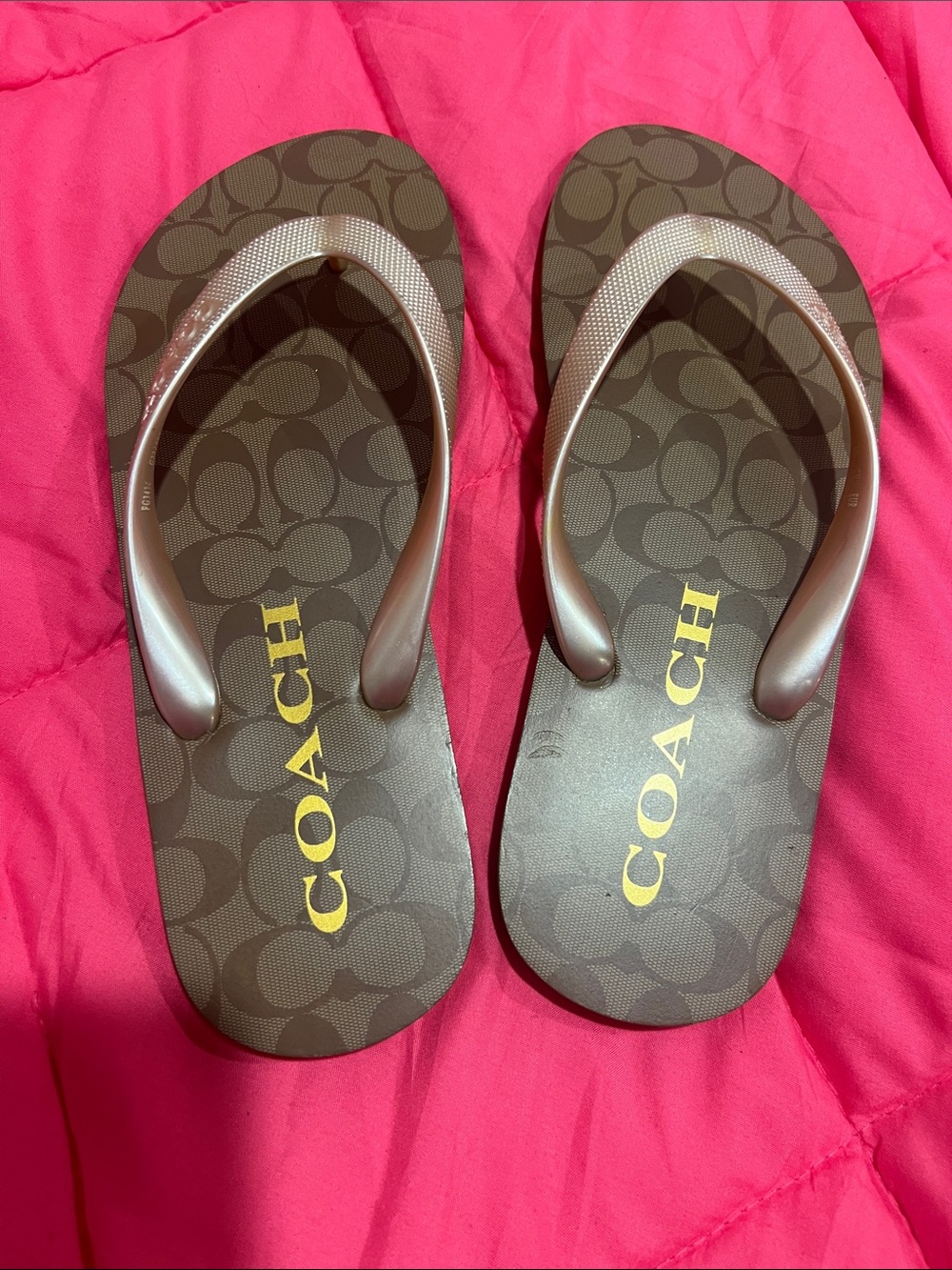 Coach Brown Logo Flip Flops with Gold Logo